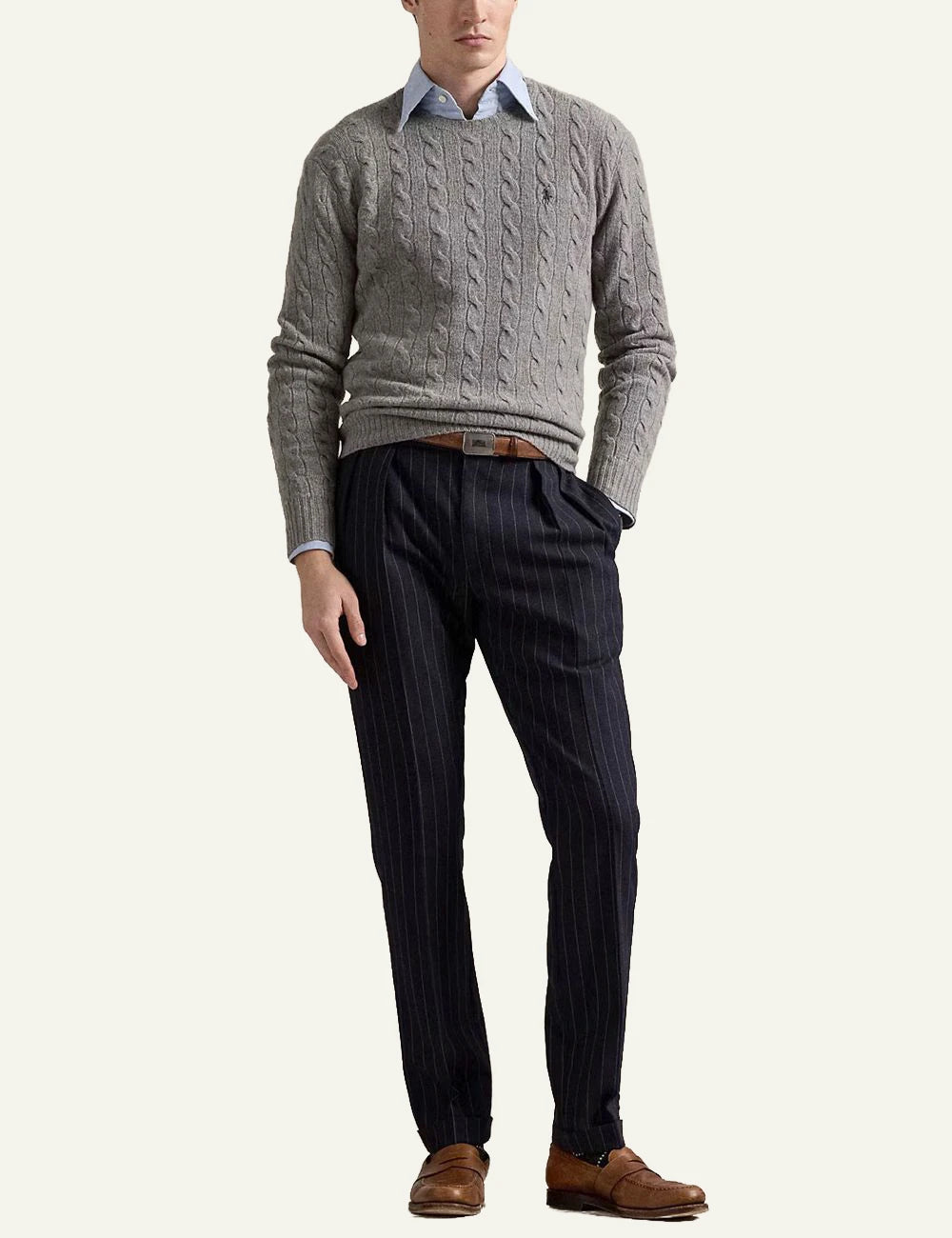Men's Polo Ralph Lauren grey cable-knit crewneck sweater with embroidered Pony logo full body