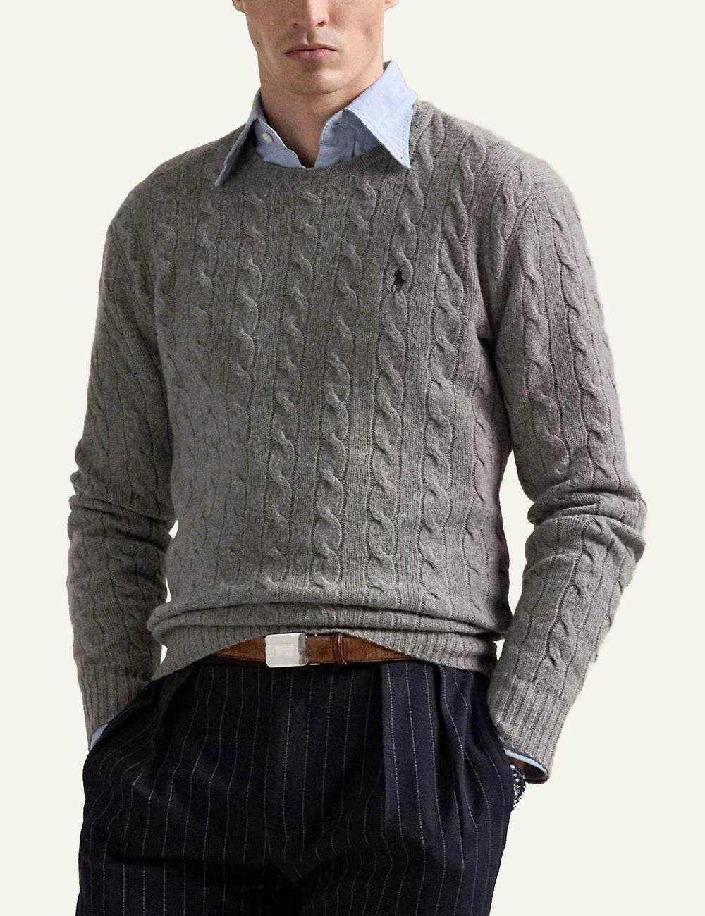Men's Polo Ralph Lauren grey cable-knit crewneck sweater with embroidered Pony logo model