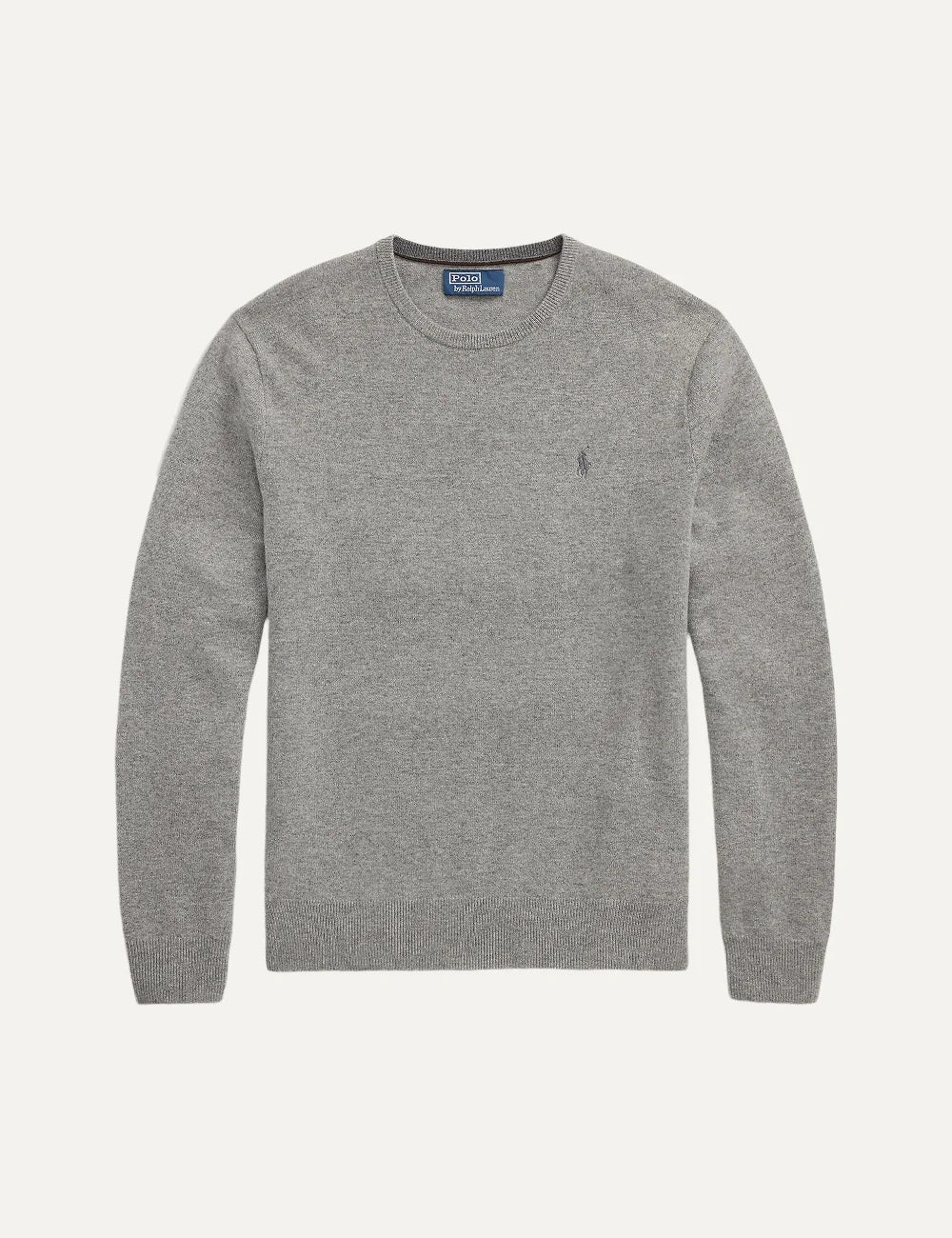 Polo Ralph Lauren men's grey melange wool crewneck sweater with ribbed trims and tonal embroidered Pony logo.