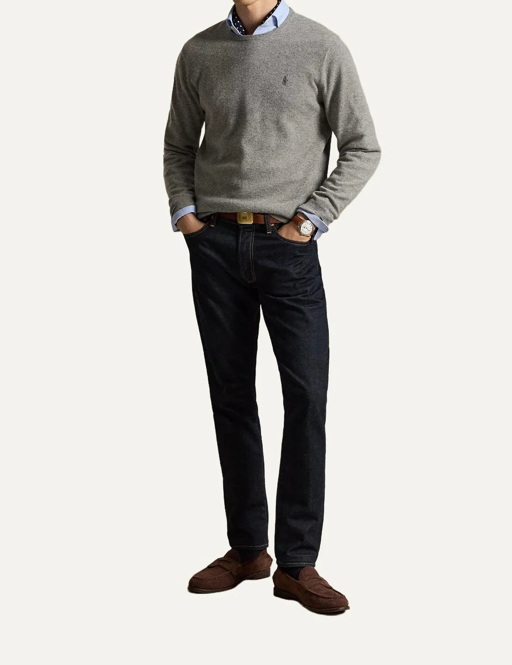 Polo Ralph Lauren men's grey melange wool crewneck sweater with ribbed trims and tonal embroidered Pony logo full body