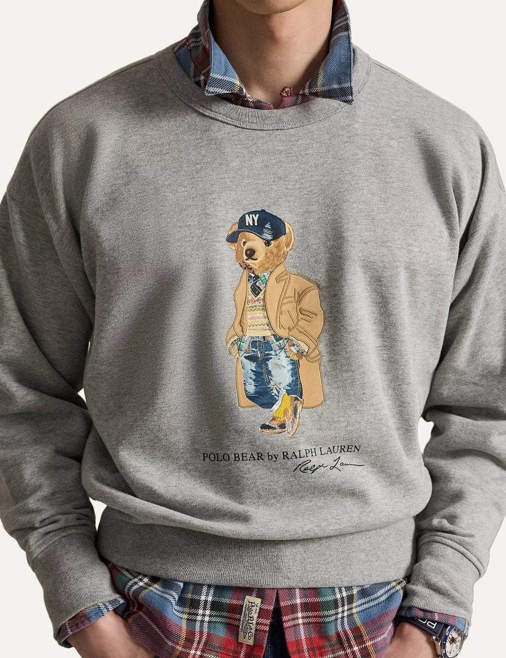 Polo Ralph Lauren men's heather grey cotton blend sweatshirt with Polo Bear motif model