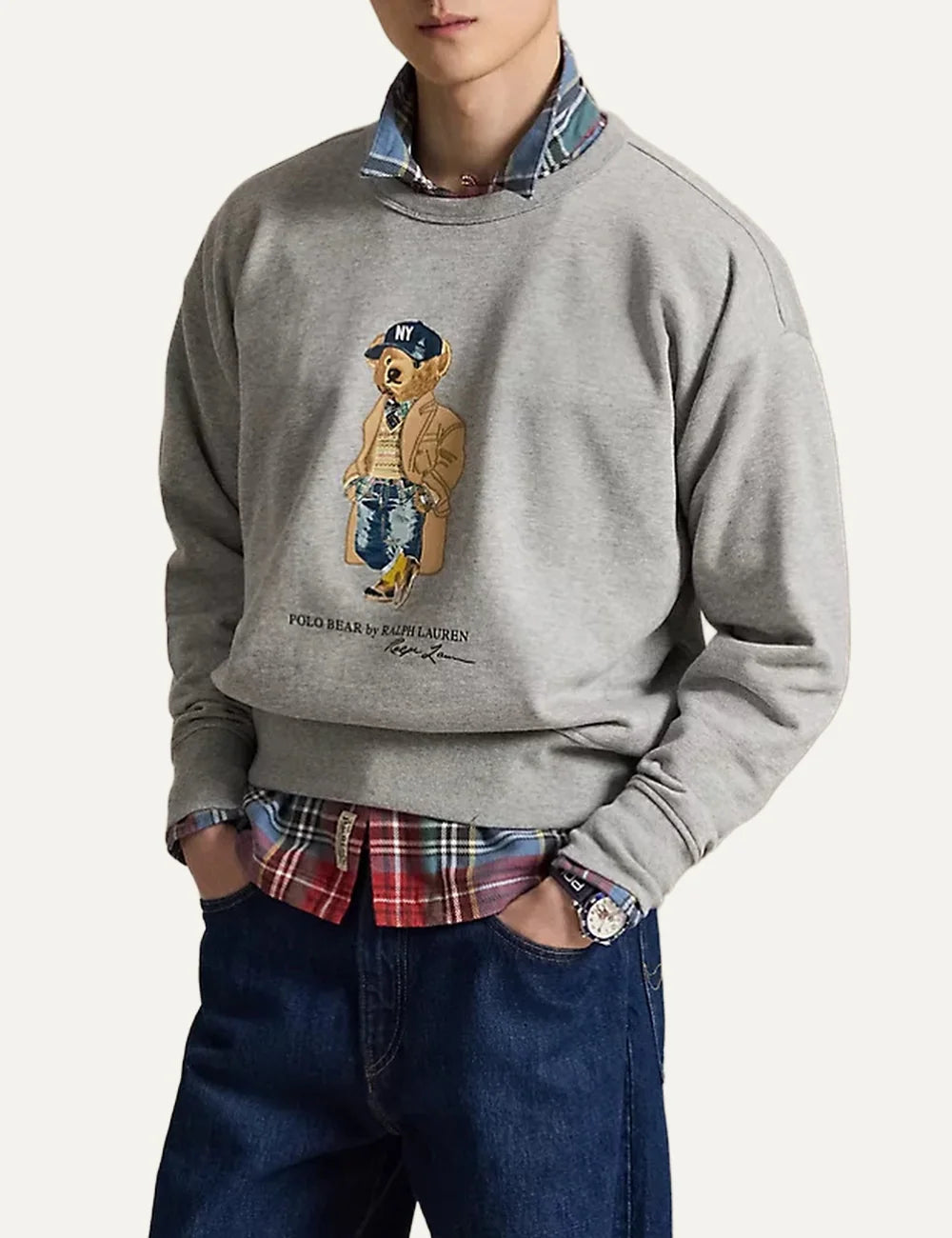 Polo Ralph Lauren men's heather grey cotton blend sweatshirt with Polo Bear motif side