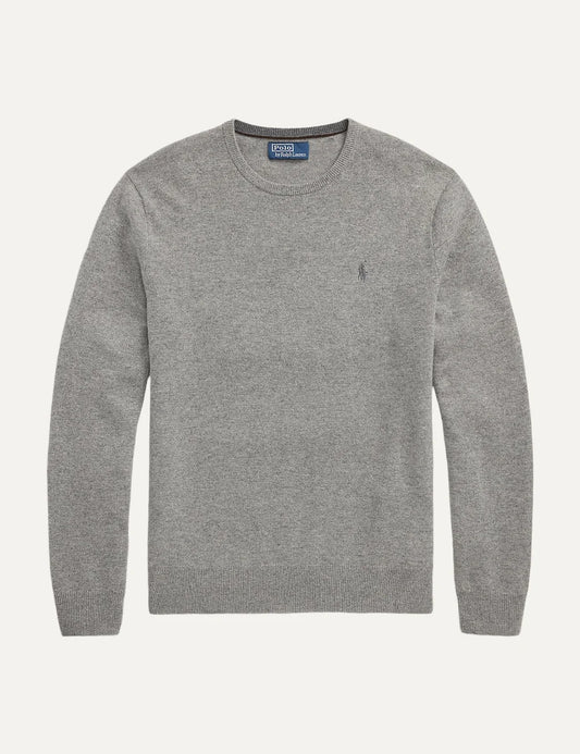 Polo Ralph Lauren men's heather grey wool crewneck sweater with embroidered Pony logo