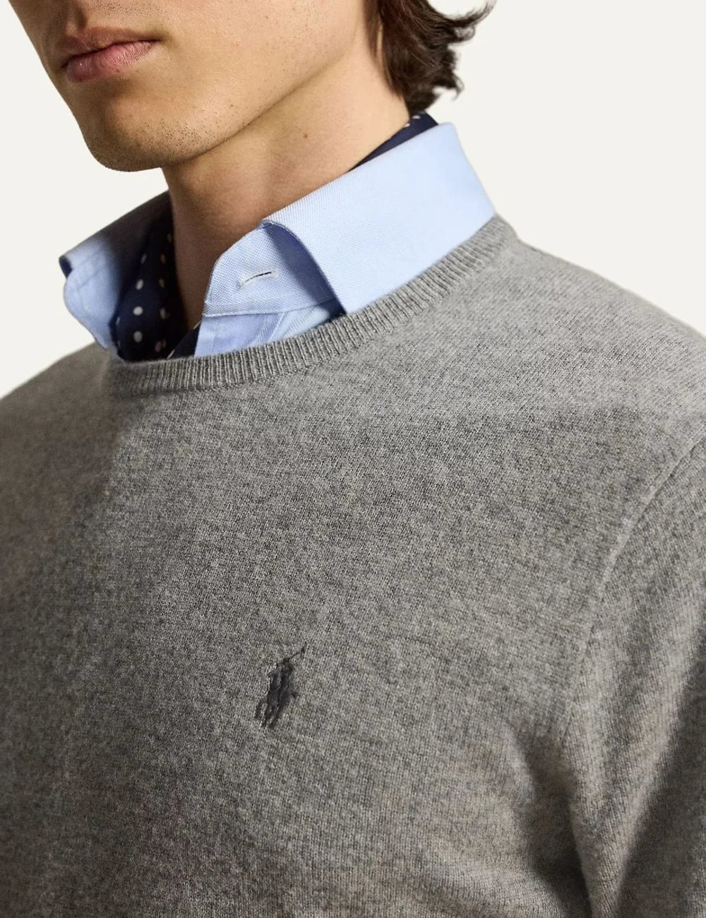 Polo Ralph Lauren men's heather grey wool crewneck sweater with embroidered Pony logo detail