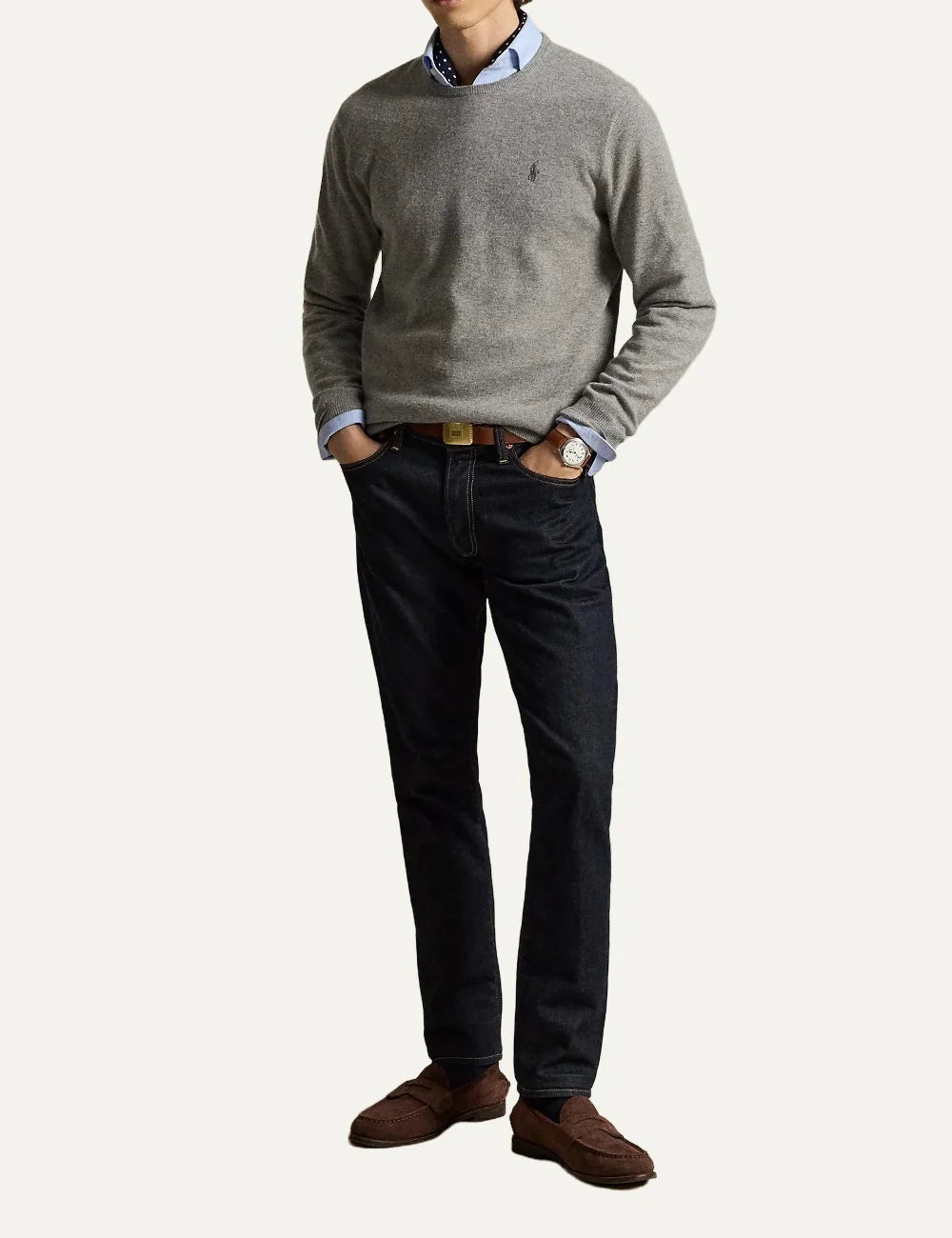 Polo Ralph Lauren men's heather grey wool crewneck sweater with embroidered Pony logo full body