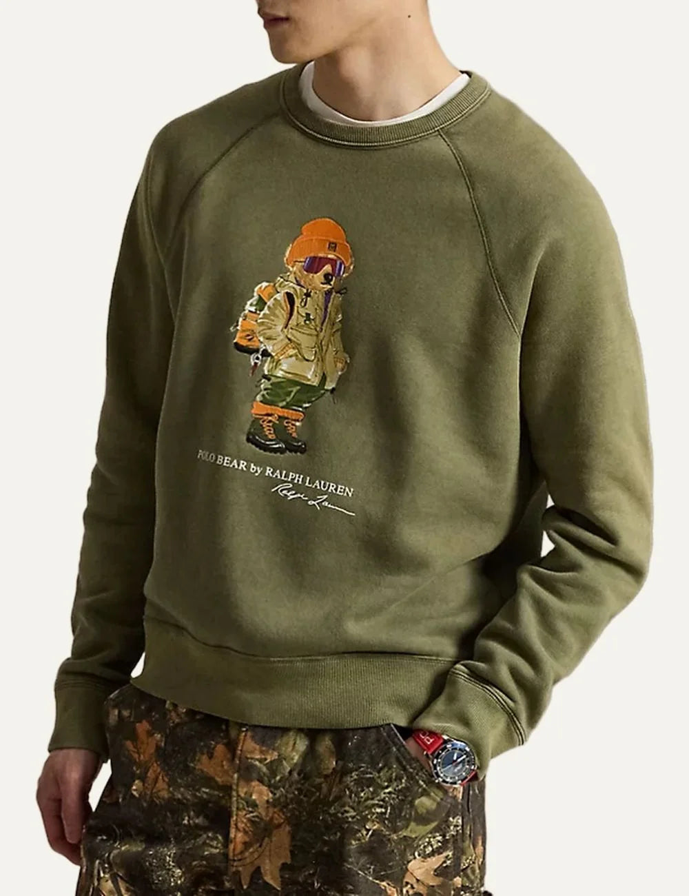 Polo Ralph Lauren men's khaki cotton blend sweatshirt with Polo Bear model