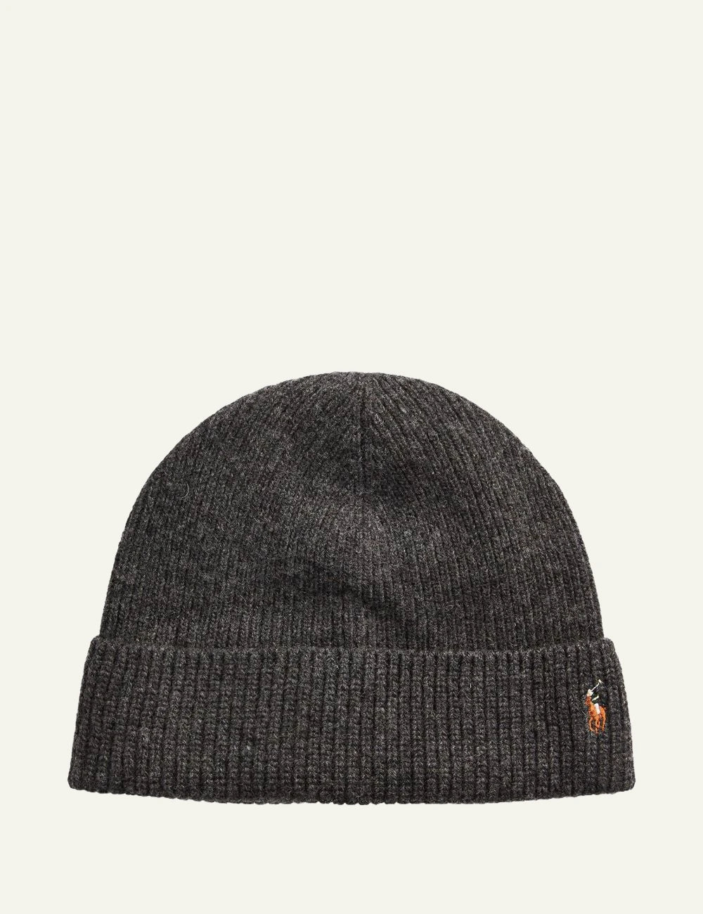 Men's Polo Ralph Lauren ribbed merino wool beanie in dark grey with embroidered Pony logo