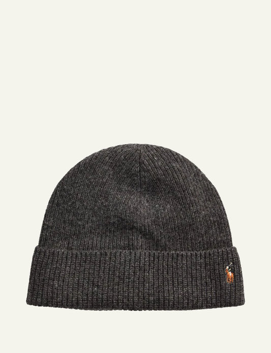 Men's Polo Ralph Lauren ribbed merino wool beanie in dark grey with embroidered Pony logo