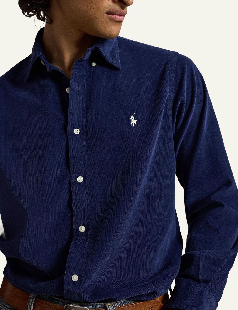 Men's Polo Ralph Lauren navy blue cotton corduroy shirt with embroidered Pony logo model