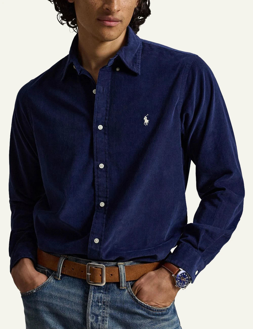 Men's Polo Ralph Lauren navy blue cotton corduroy shirt with embroidered Pony logo full body