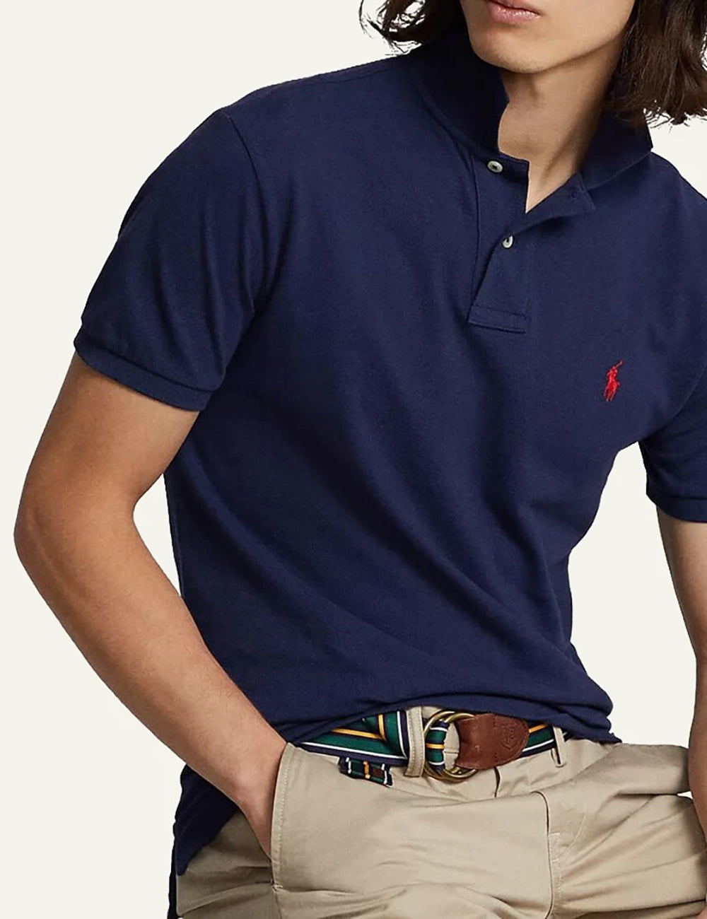 Men's Polo Ralph Lauren navy blue short sleeve polo shirt with red embroidered Pony logo model