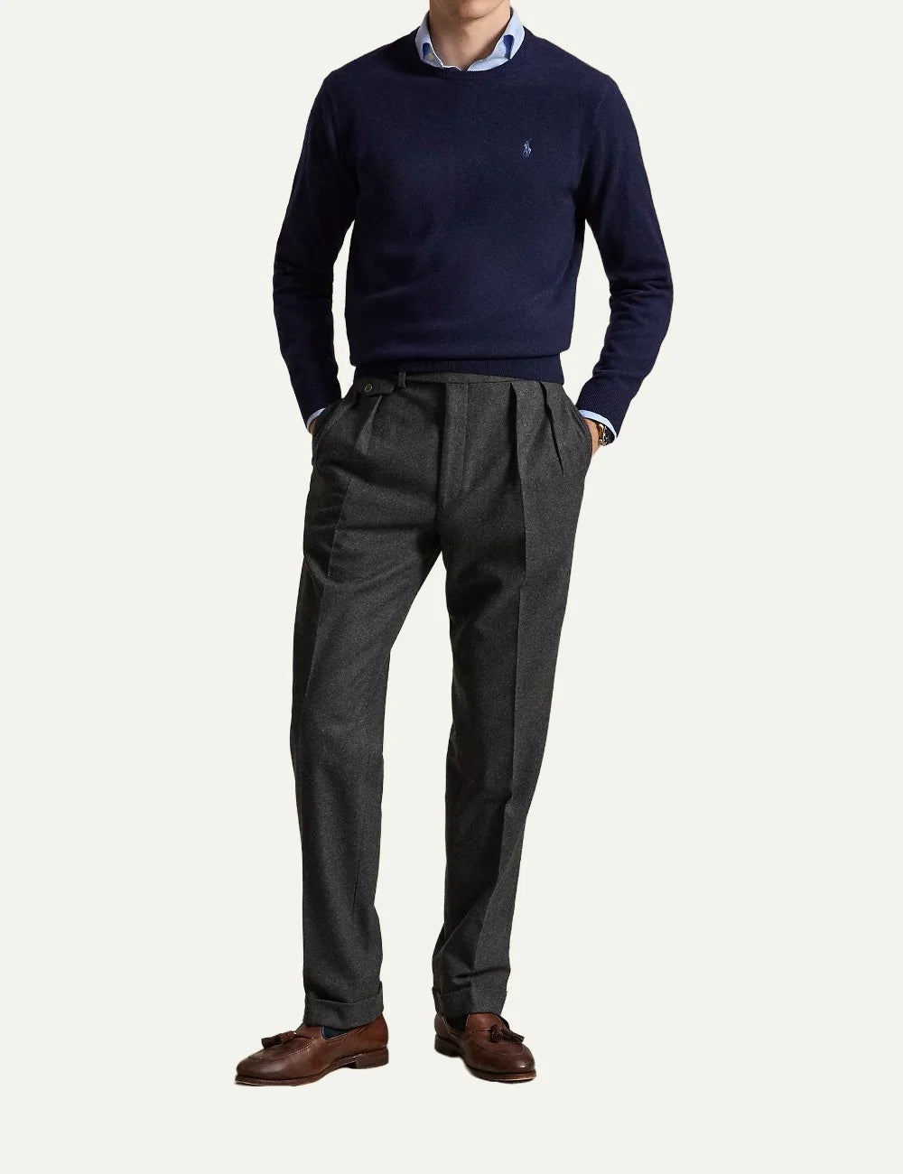Polo Ralph Lauren men's navy blue wool crewneck sweater with long sleeves, ribbed trims and light blue embroidered Pony logo full body