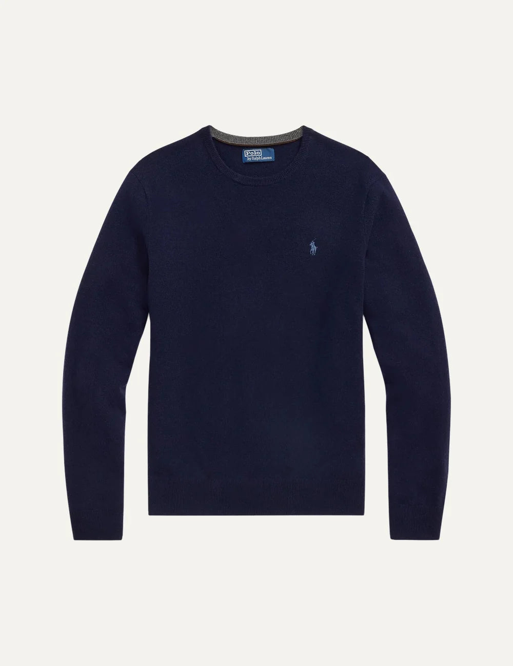 Polo Ralph Lauren men's navy blue wool crewneck sweater with long sleeves, ribbed trims and light blue embroidered Pony logo.
