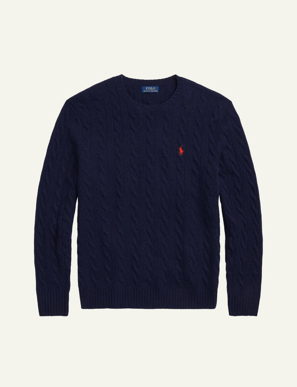 Men's Polo Ralph Lauren navy cable-knit wool and cashmere crewneck sweater with red embroidered Pony logo