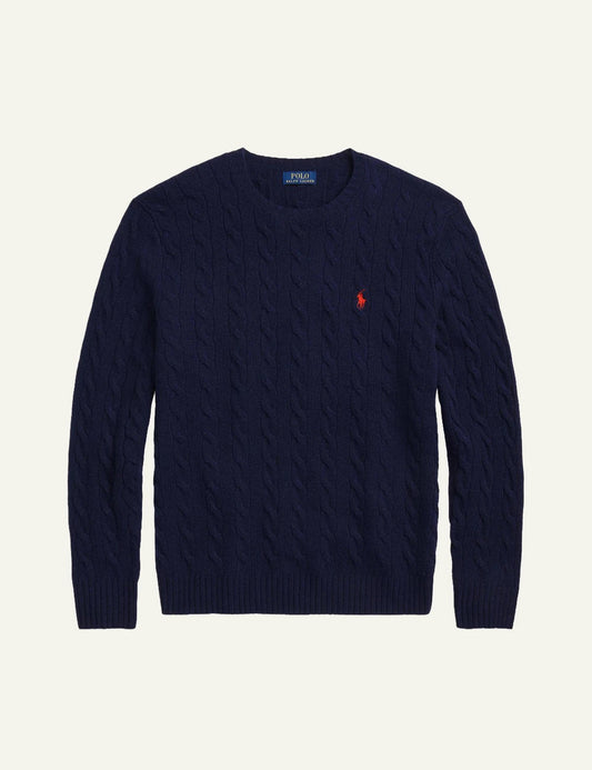 Men's Polo Ralph Lauren navy cable-knit wool and cashmere crewneck sweater with red embroidered Pony logo