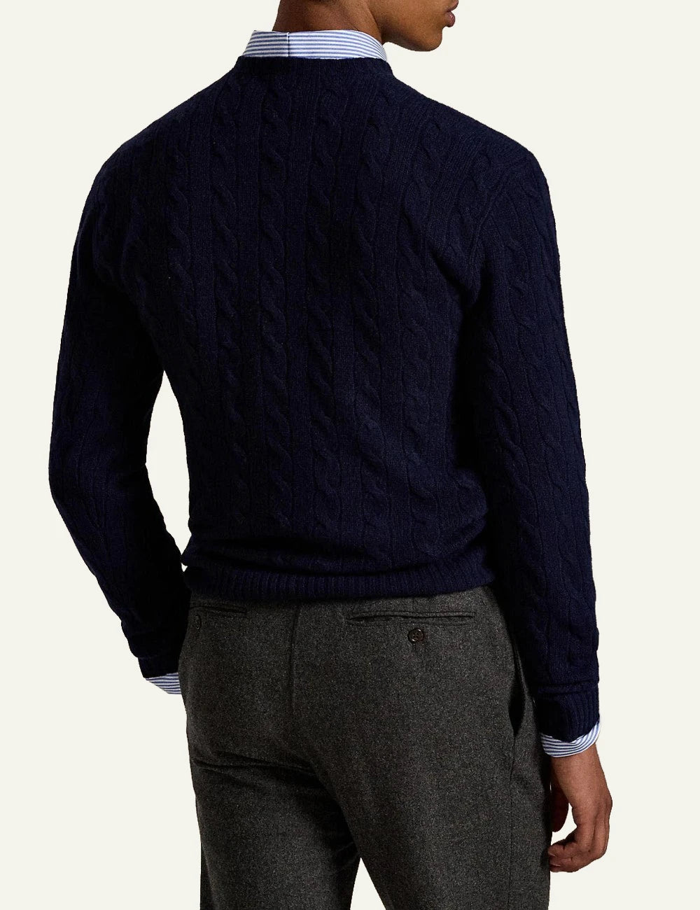 Men's Polo Ralph Lauren navy cable-knit wool and cashmere crewneck sweater with red embroidered Pony logo back