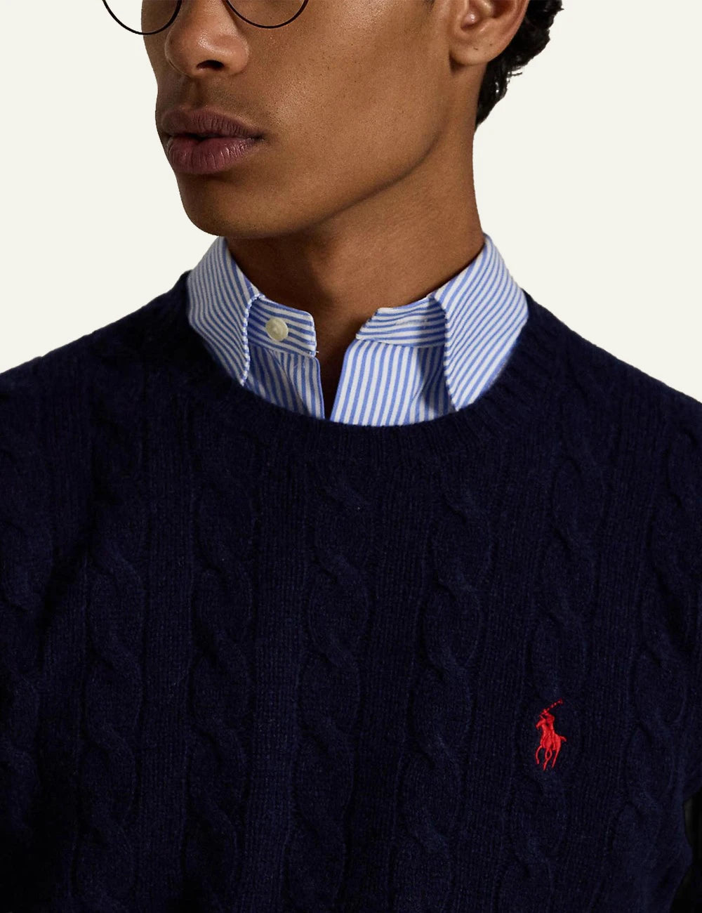 Men's Polo Ralph Lauren navy cable-knit wool and cashmere crewneck sweater with red embroidered Pony logo detail