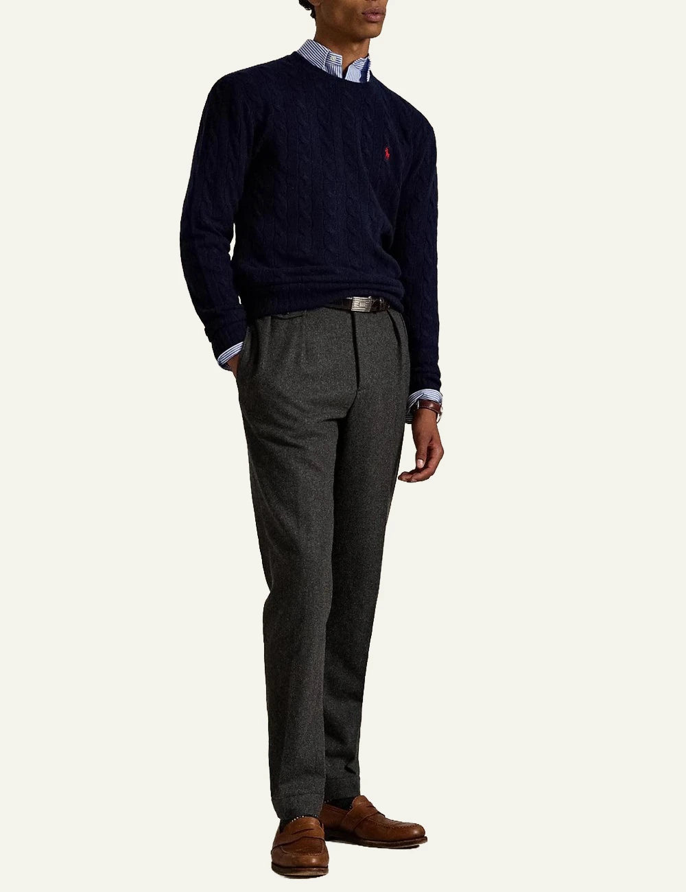 Men's Polo Ralph Lauren navy cable-knit wool and cashmere crewneck sweater with red embroidered Pony logo full body
