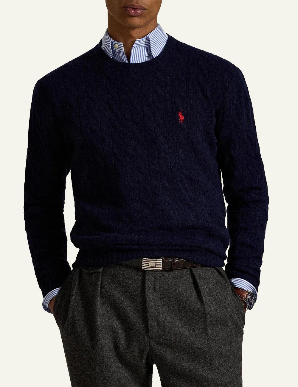 Men's Polo Ralph Lauren navy cable-knit wool and cashmere crewneck sweater with red embroidered Pony logo model