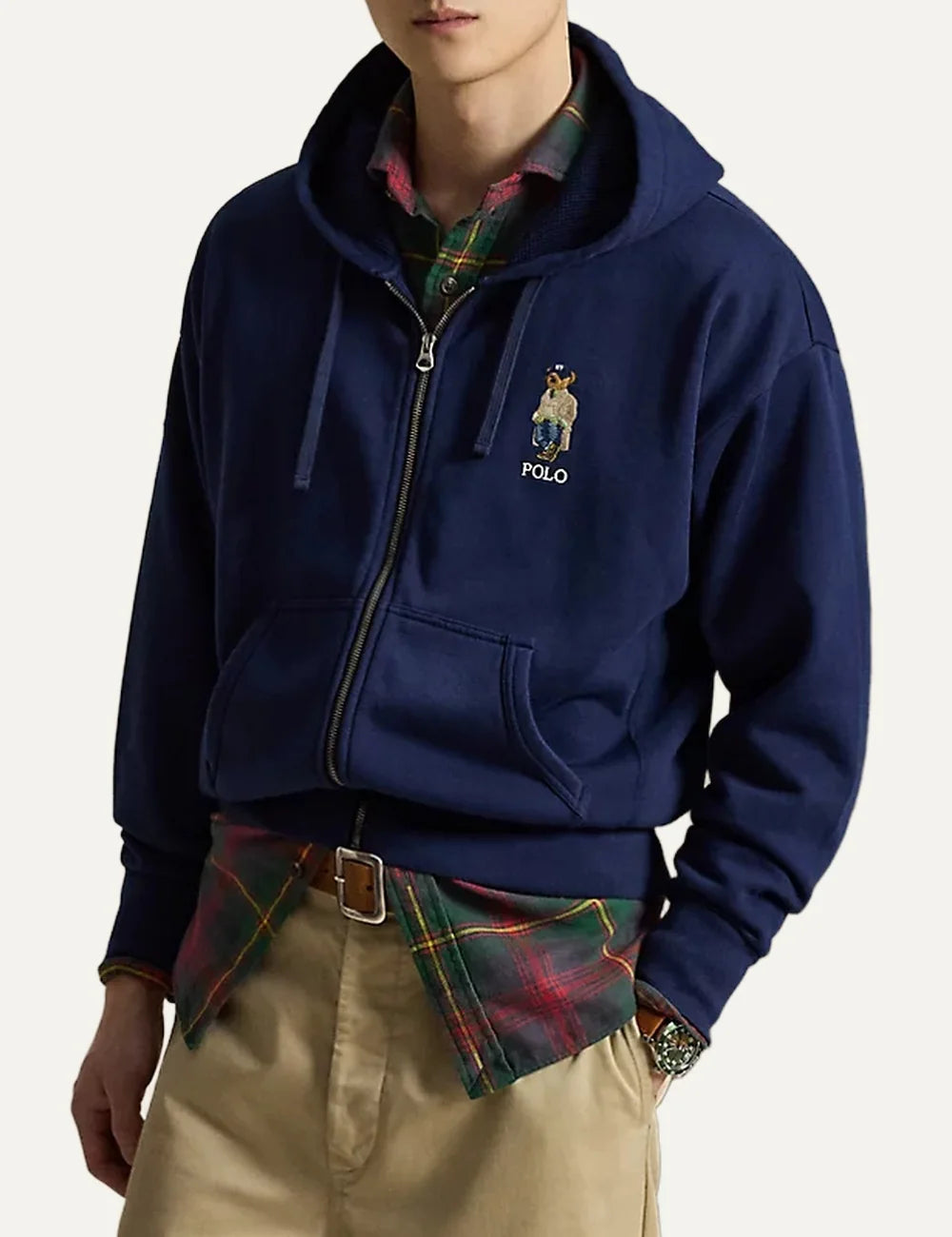  Polo Ralph Lauren men's navy cotton blend zip hoodie with embroidered Polo Bear model
