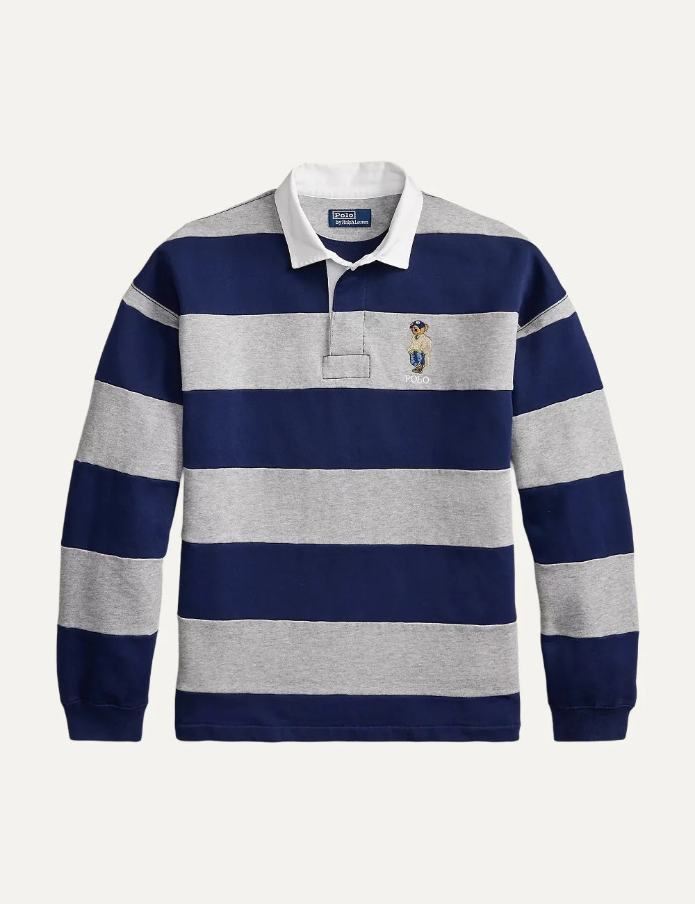 Polo Ralph Lauren men's navy and heather grey striped cotton blend rugby polo shirt with embroidered Polo Bear