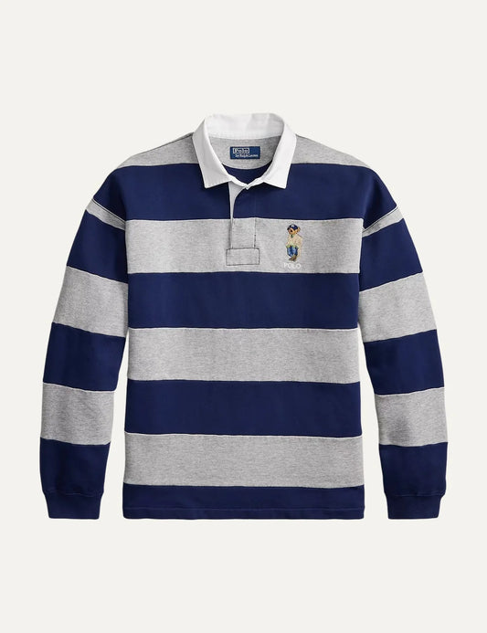 Polo Ralph Lauren men's navy and heather grey striped cotton blend rugby polo shirt with embroidered Polo Bear
