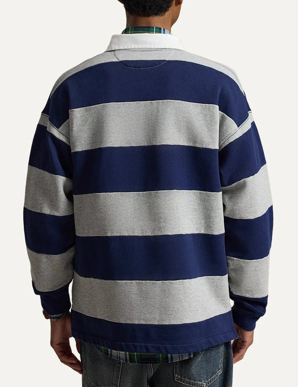Polo Ralph Lauren men's navy and heather grey striped cotton blend rugby polo shirt with embroidered Polo Bear back