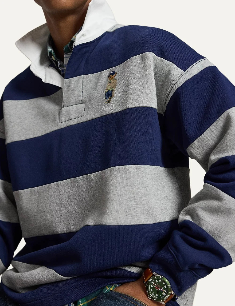 Polo Ralph Lauren men's navy and heather grey striped cotton blend rugby polo shirt with embroidered Polo Bear detail