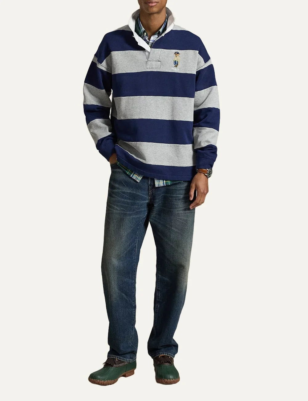 Polo Ralph Lauren men's navy and heather grey striped cotton blend rugby polo shirt with embroidered Polo Bear full body