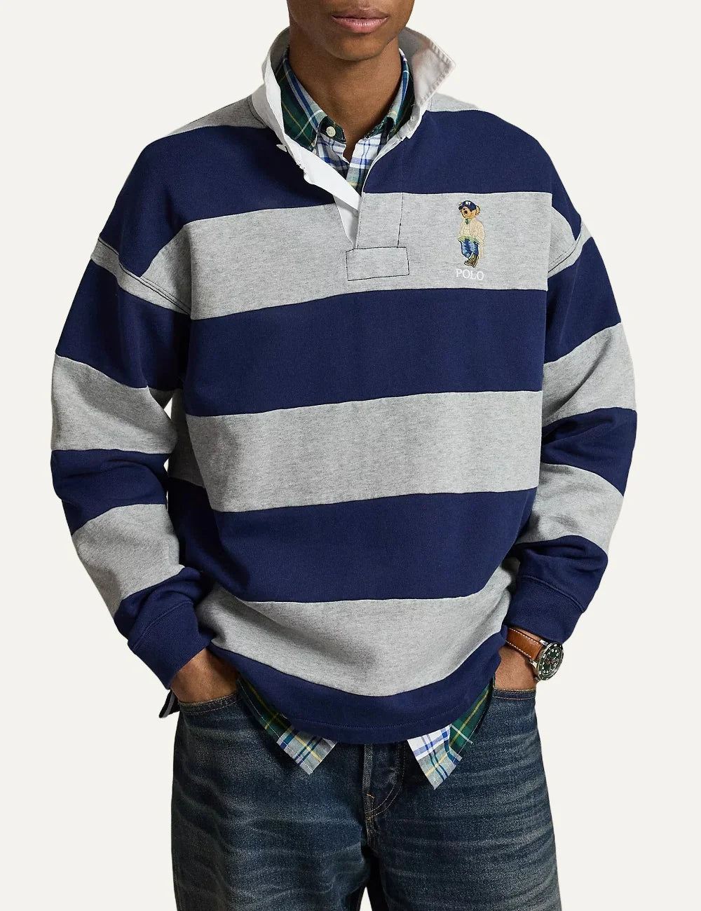 Polo Ralph Lauren men's navy and heather grey striped cotton blend rugby polo shirt with embroidered Polo Bear model