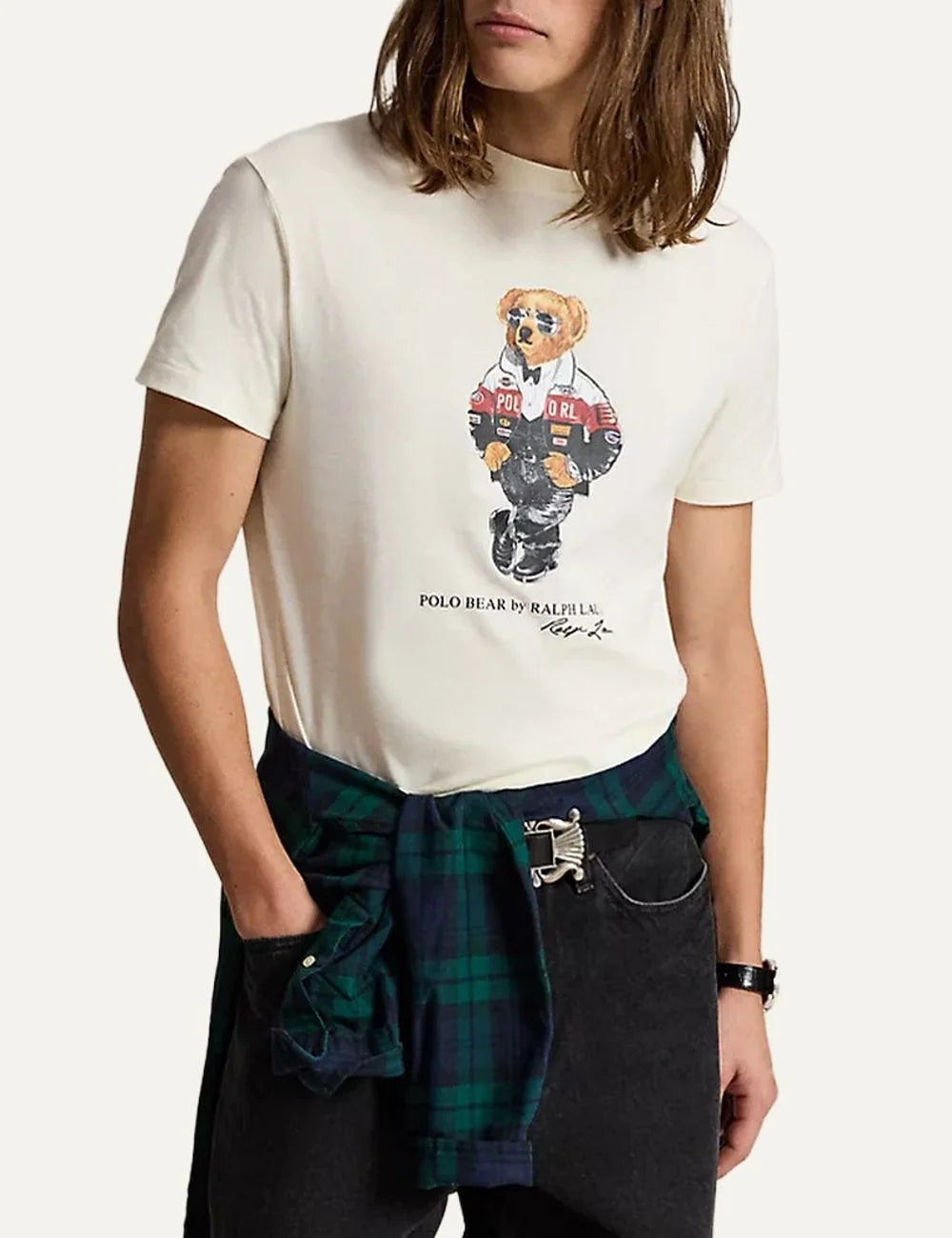 Polo Ralph Lauren men's off-white cotton crewneck T-shirt featuring a Polo Bear in a racing jacket and sunglasses with signature logo print model