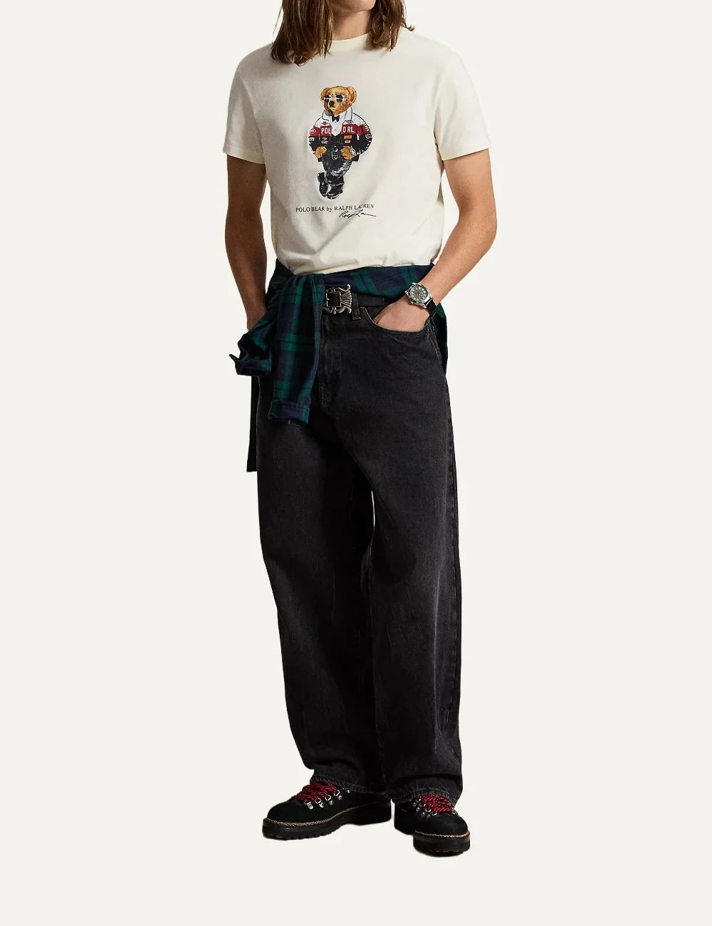 Polo Ralph Lauren men's off-white cotton crewneck T-shirt featuring a Polo Bear in a racing jacket and sunglasses with signature logo print full body