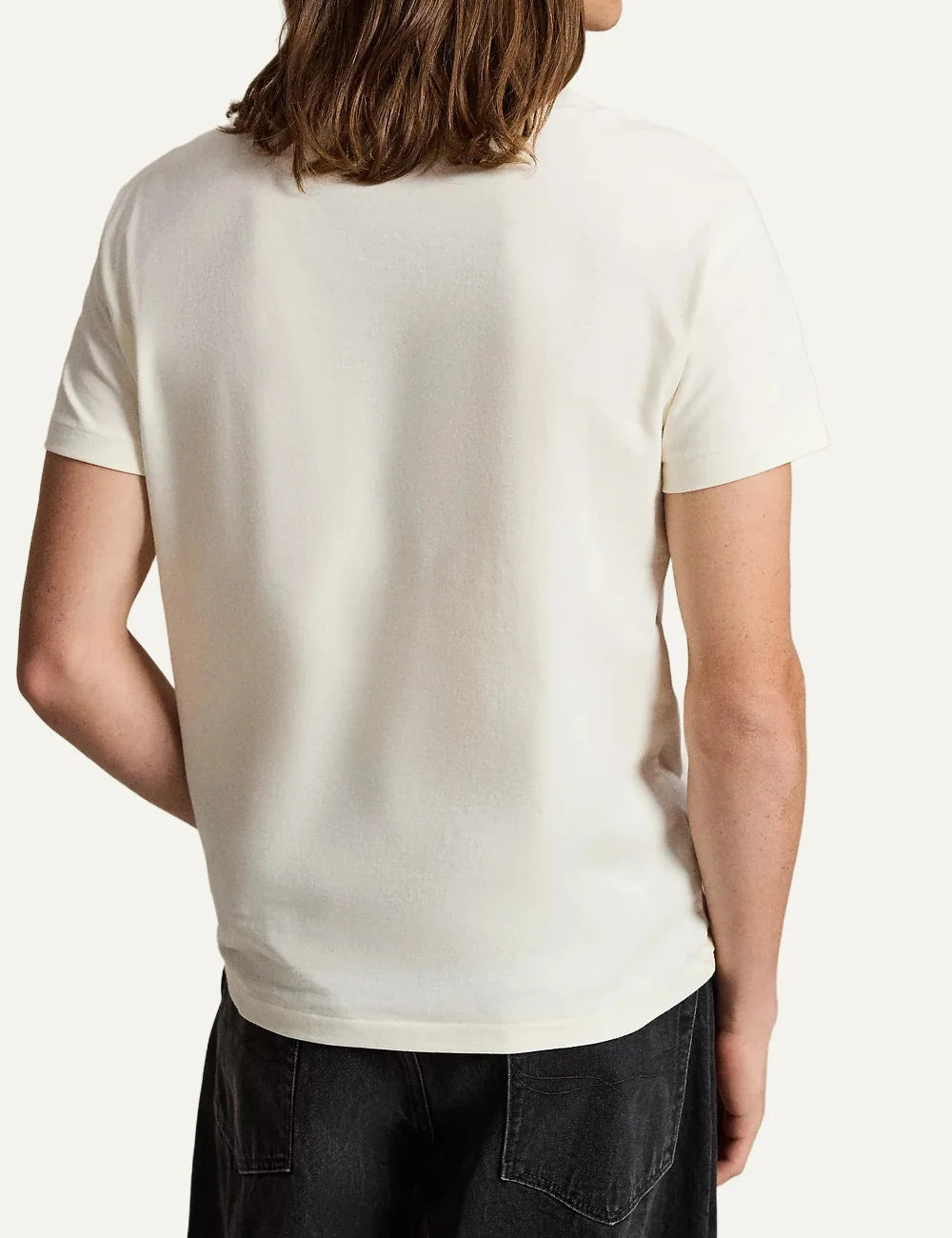 Polo Ralph Lauren men's off-white cotton crewneck T-shirt featuring a Polo Bear in a racing jacket and sunglasses with signature logo print back