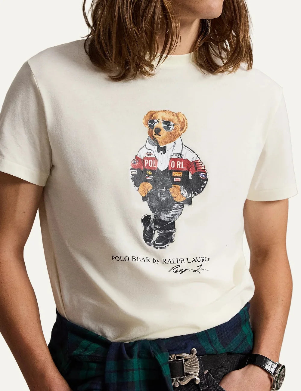 Polo Ralph Lauren men's off-white cotton crewneck T-shirt featuring a Polo Bear in a racing jacket and sunglasses with signature logo print detail