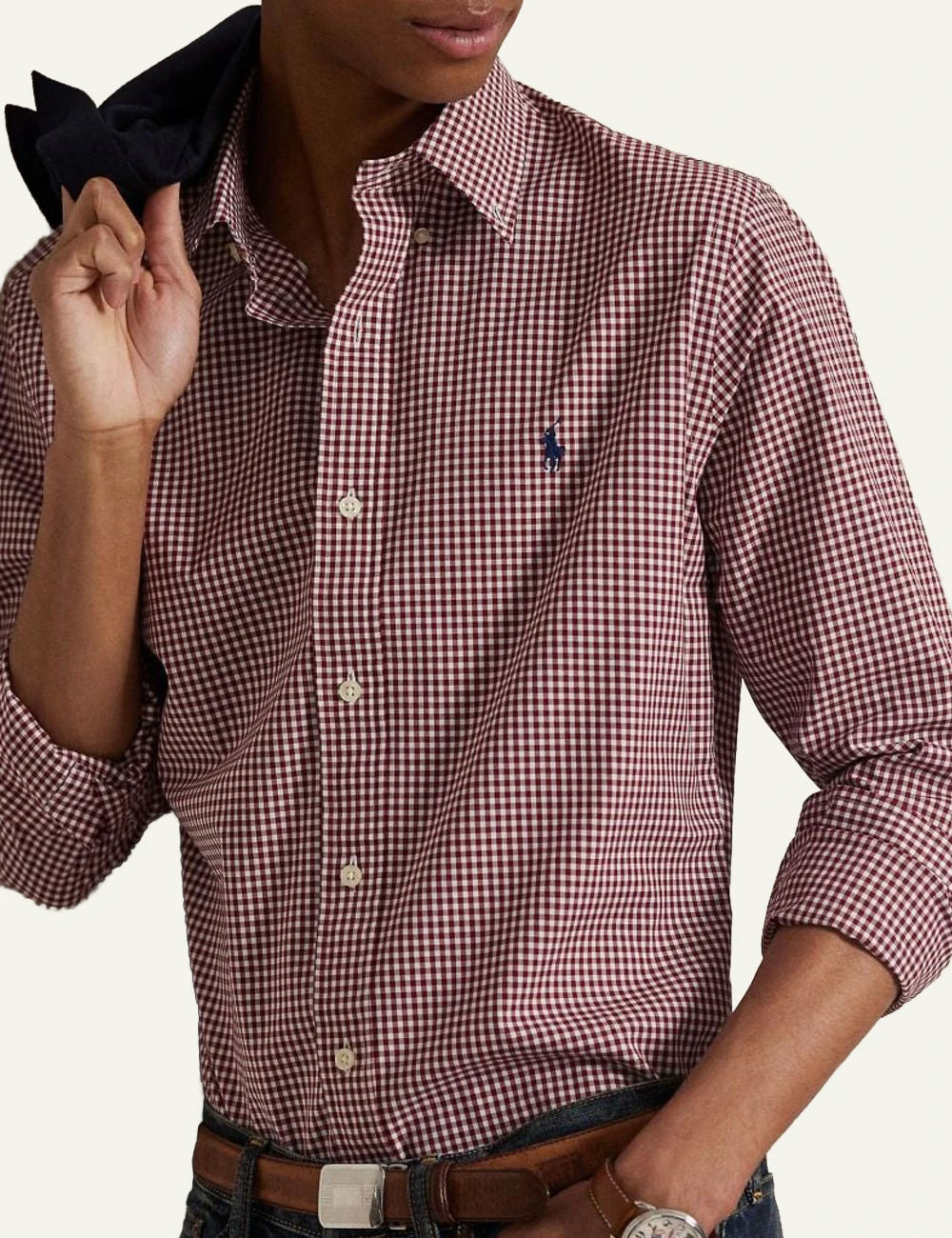 Men's Polo Ralph Lauren red and white gingham shirt with embroidered Pony logo model