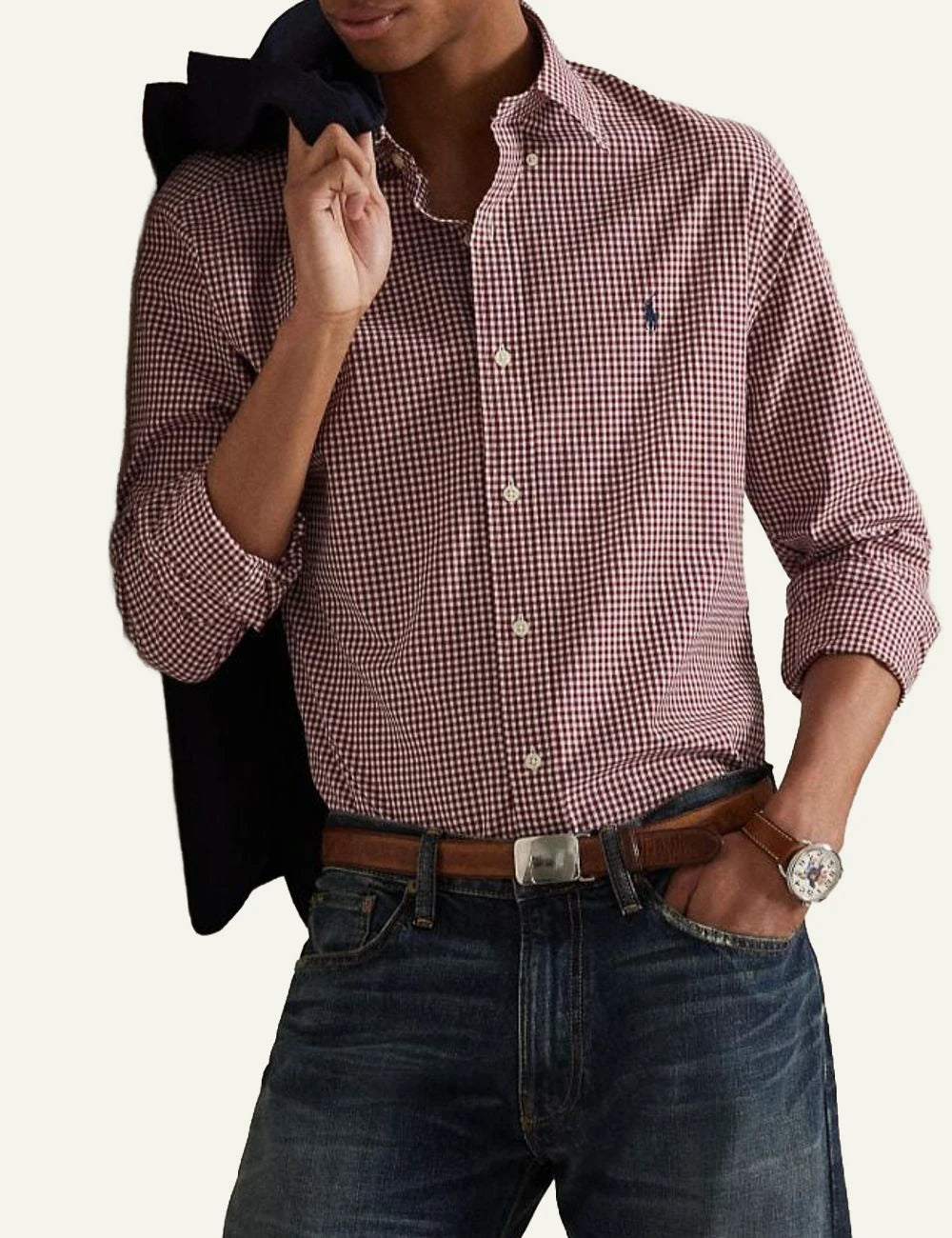 Men's Polo Ralph Lauren red and white gingham shirt with embroidered Pony logo detail