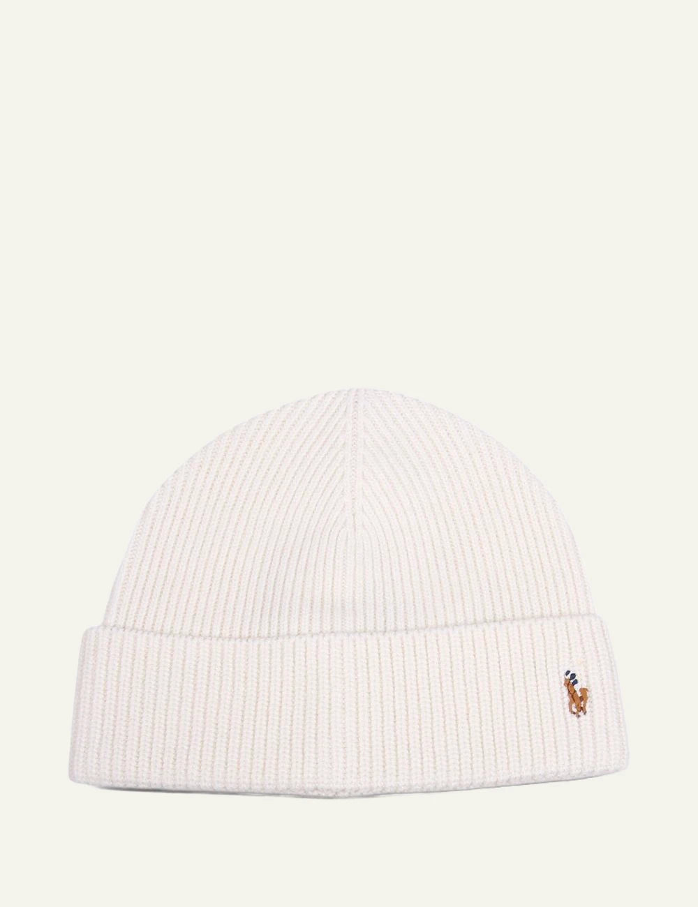 Men's Polo Ralph Lauren ribbed wool blend beanie in beige with embroidered Pony logo