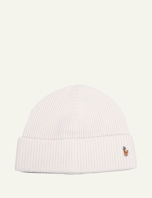 Men's Polo Ralph Lauren ribbed wool blend beanie in beige with embroidered Pony logo