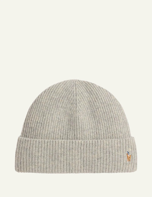 Men's Polo Ralph Lauren ribbed wool blend beanie in heather grey with embroidered Pony logo