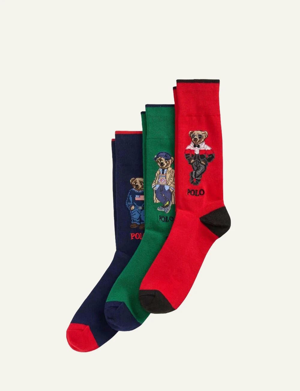 Men's Polo Ralph Lauren three pack socks in navy green and red with Polo Bear designs
