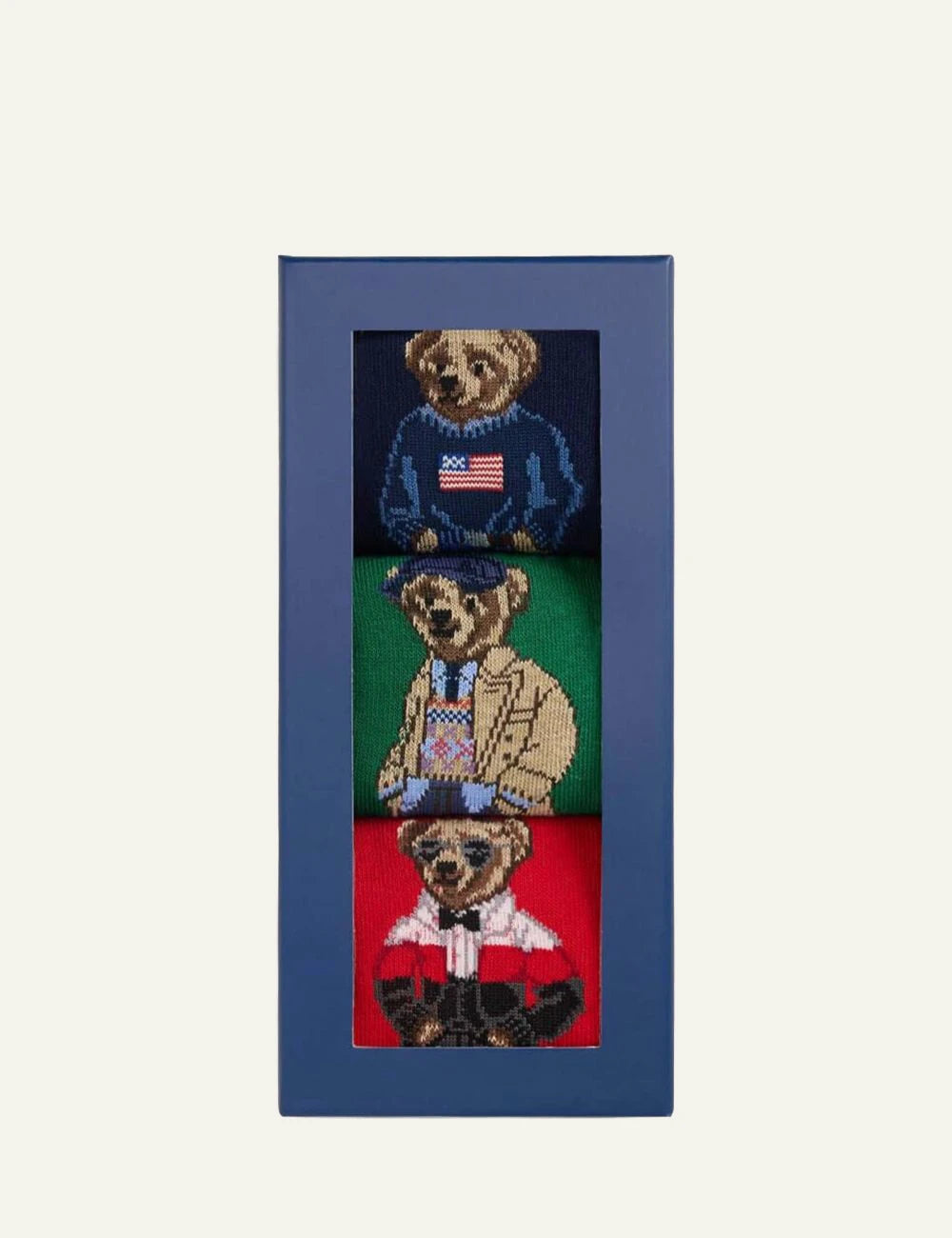 Men's Polo Ralph Lauren three pack socks in navy green and red with Polo Bear designs full