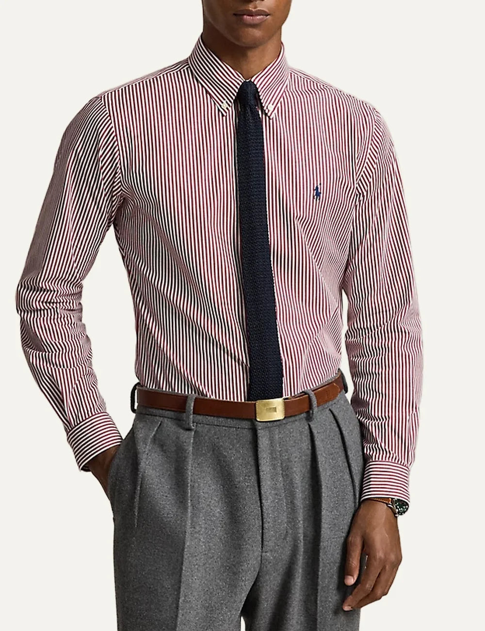 Polo Ralph Lauren men's white and burgundy striped cotton shirt full body