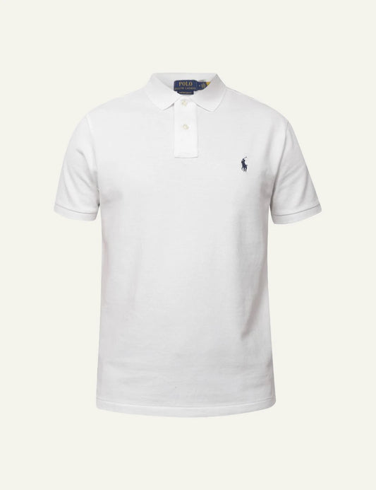 Men's Polo Ralph Lauren white cotton slim fit polo shirt with blue embroidered Pony logo