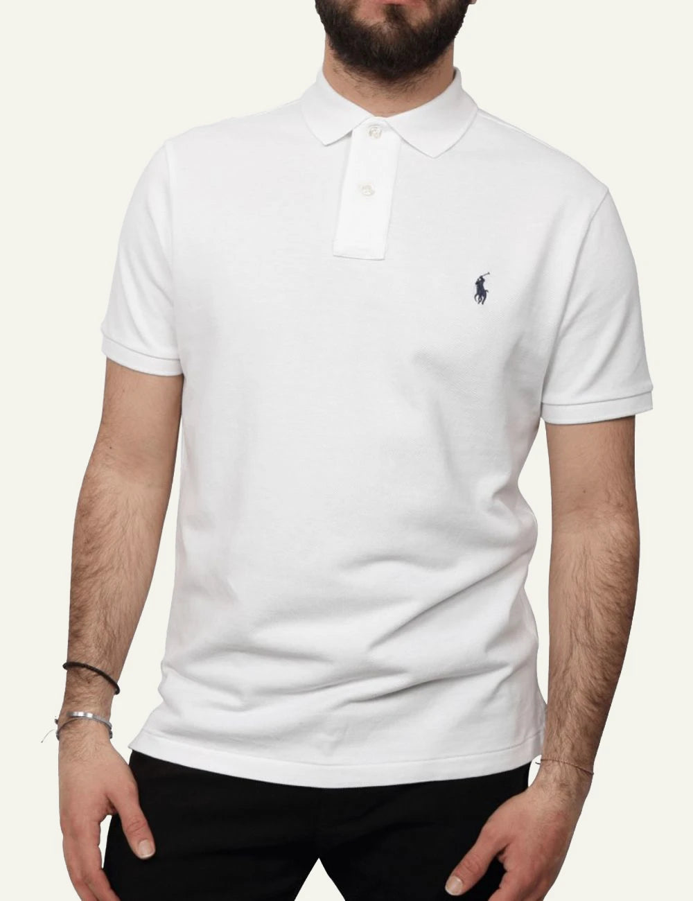 Men's Polo Ralph Lauren white cotton slim fit polo shirt with blue embroidered Pony logo model