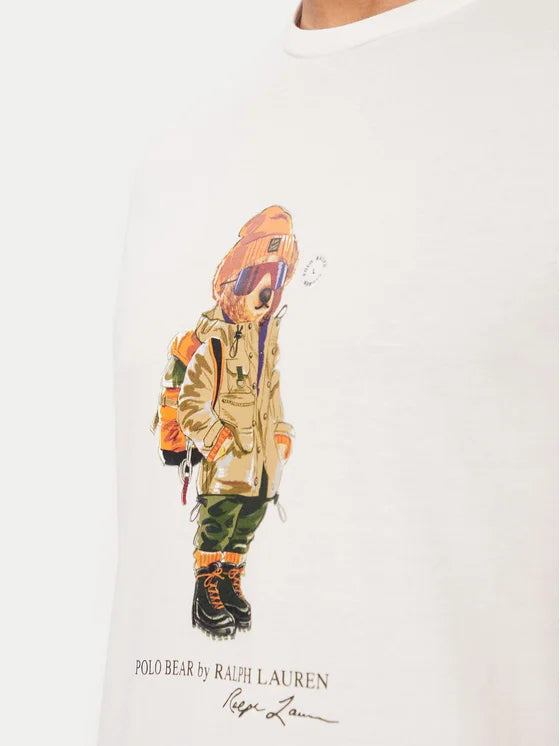 Polo Ralph Lauren men's white crewneck T-shirt with explorer Polo Bear graphic print on the front detail