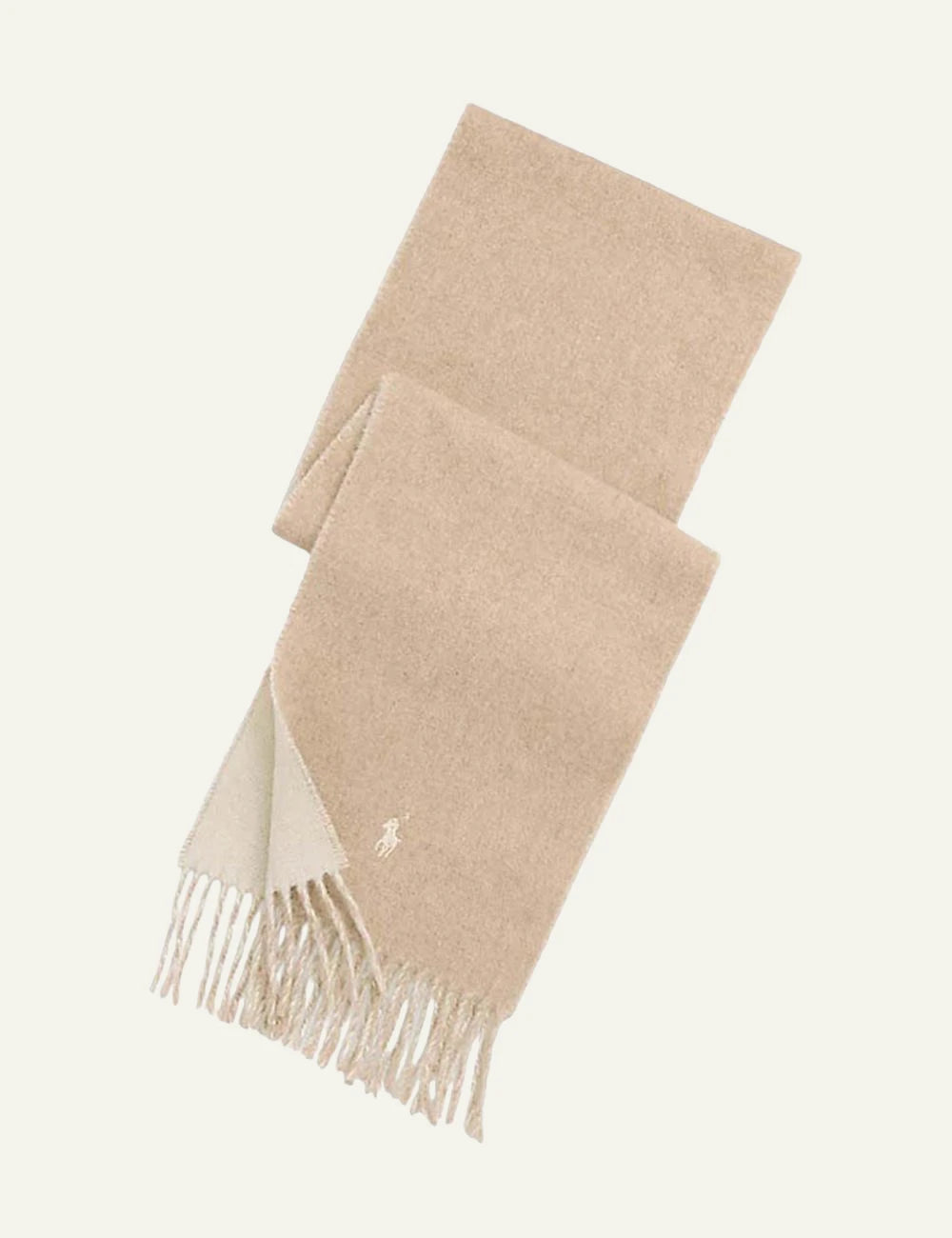 Men's Polo Ralph Lauren wool blend scarf in beige with fringed edges and embroidered Pony logo