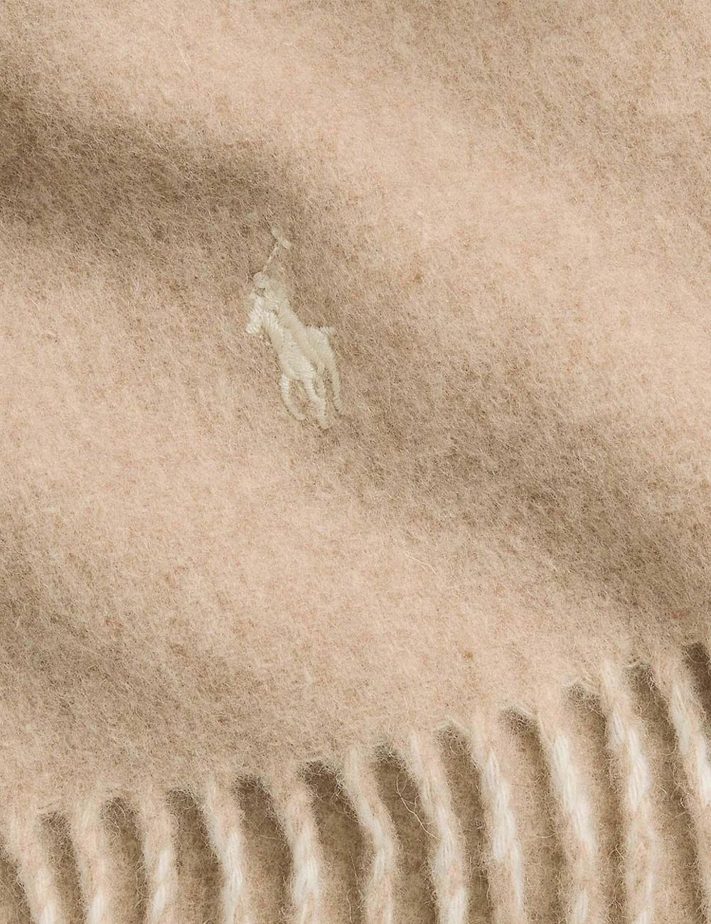 Men's Polo Ralph Lauren wool blend scarf in beige with fringed edges and embroidered Pony logo detail