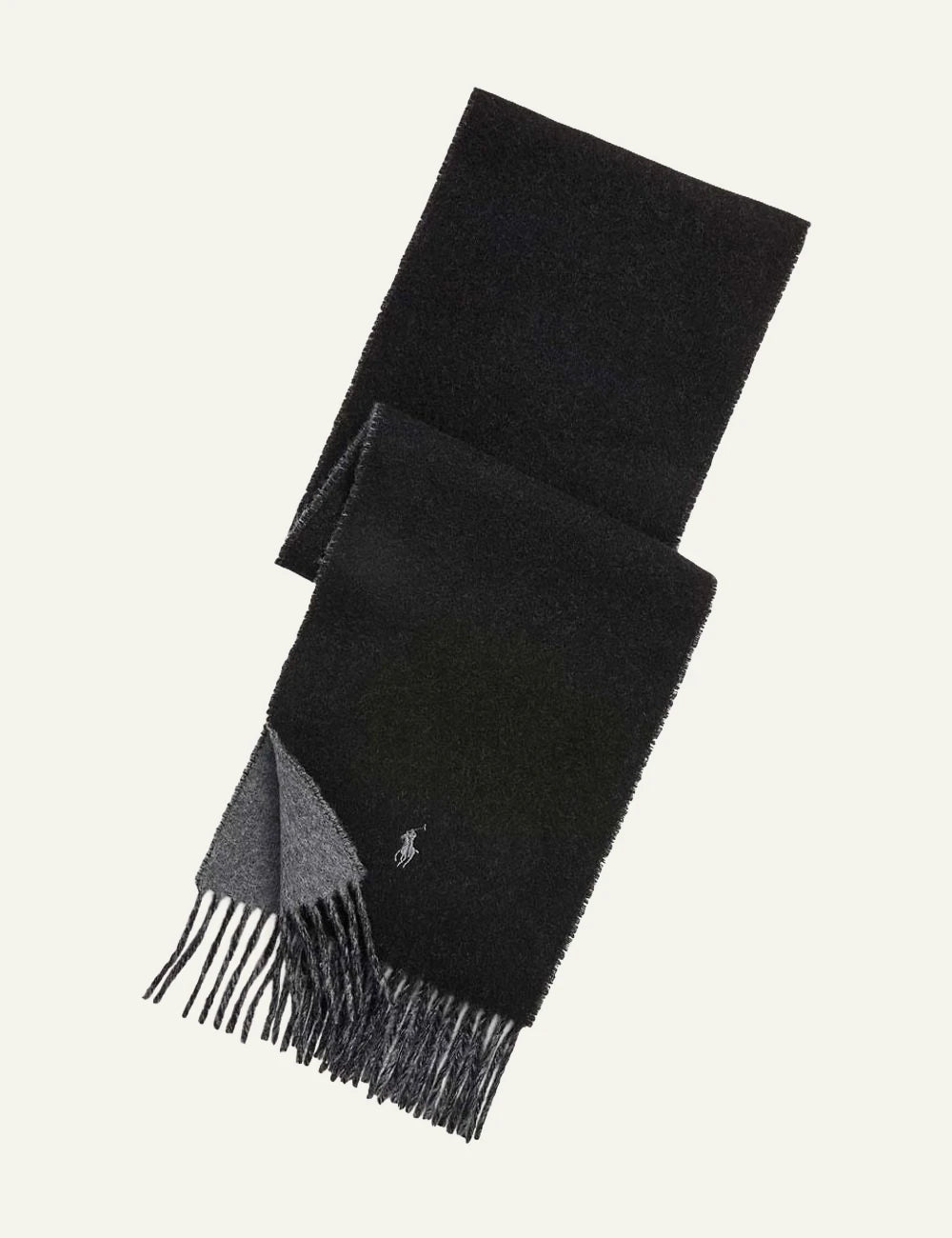 Men's Polo Ralph Lauren wool scarf in black and grey with fringed edges and embroidered Pony logo