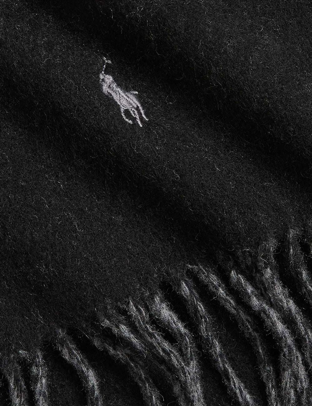 Men's Polo Ralph Lauren wool scarf in black and grey with fringed edges and embroidered Pony logo model
