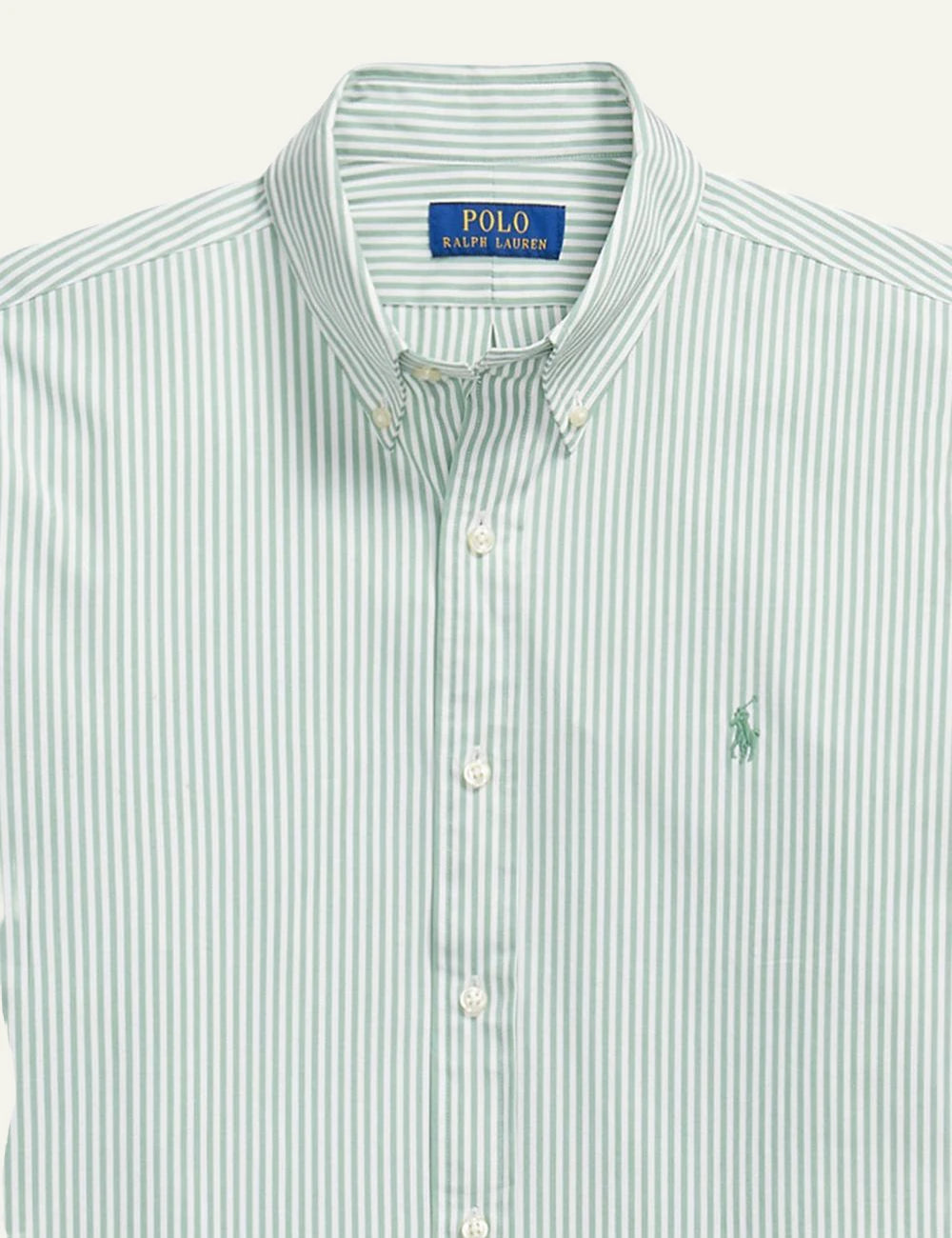 Polo Ralph Lauren mint striped button down shirt front detail view